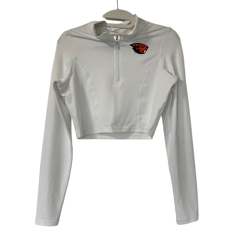 OSU Women's White Quarter-Zip Mock Neck Crop with Beaver Size M